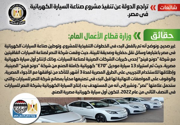 الحكومة تنفى التراجع عن تنفيذ مشروع صناعة السيارة الكهربائية في مصر